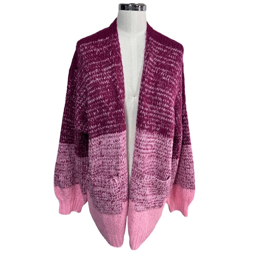 Pink Lily Women's Size M Pink Colorblock Cardigan Open Front Knit Sweater